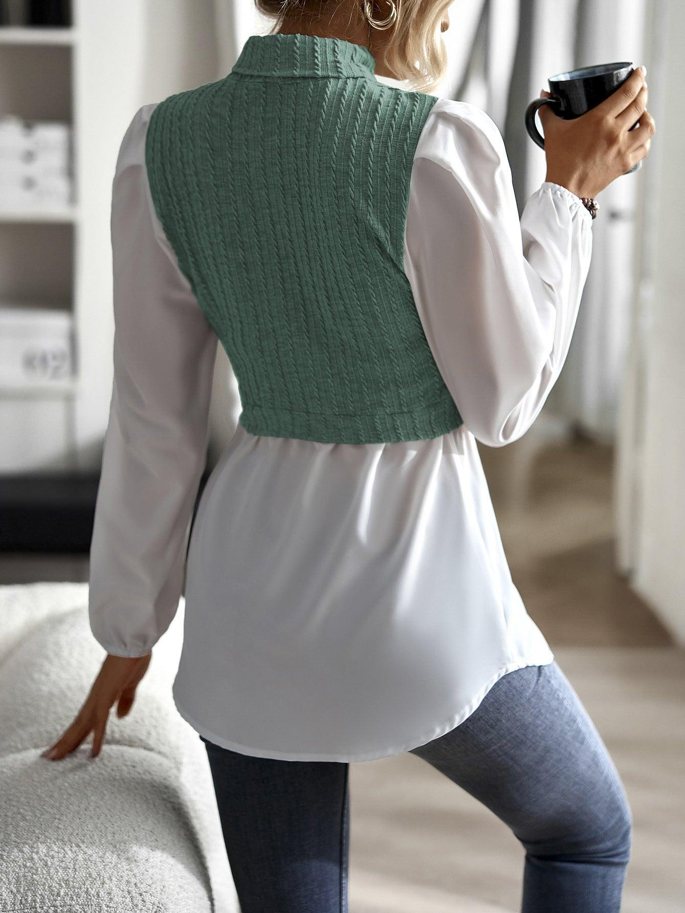 Contrast Cable-Knit Mock Neck Long Sleeves Top - Top