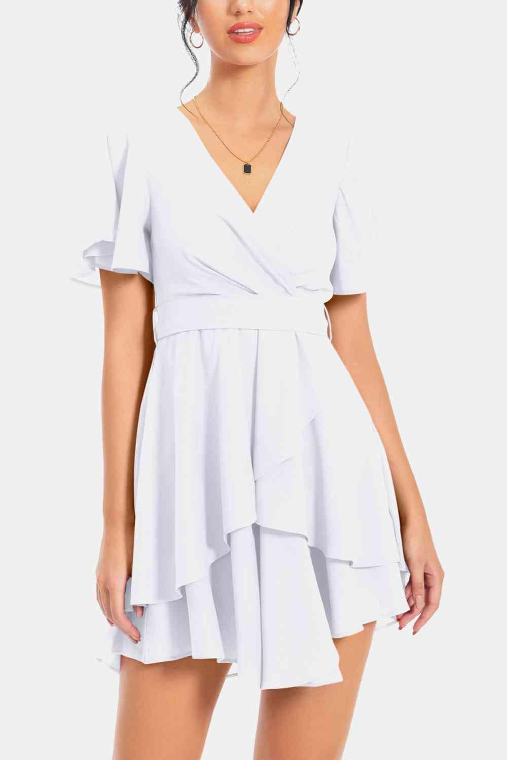 Surplice Neck Flutter Sleeve Mini Dress - Dresses