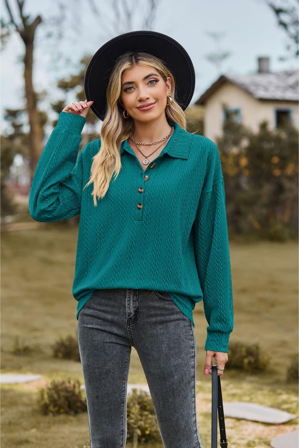 Collared Neck Long Sleeve Buttoned Top - Top