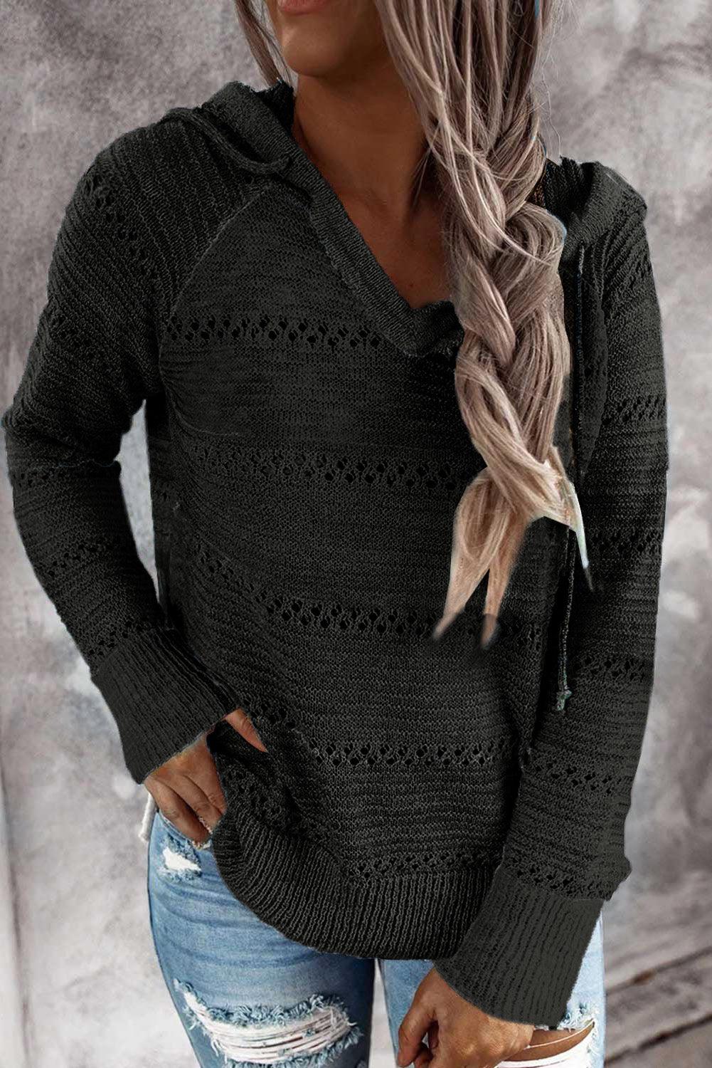 Full Size Color Block Openwork Knitted Hoodie - Hoodie