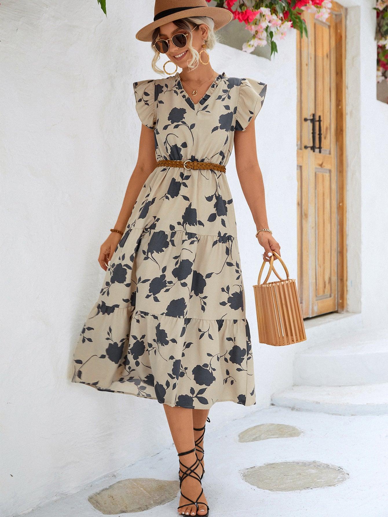 Floral Frill Trim V-Neck Flounce Sleeve Tiered Midi Dress - Dresses