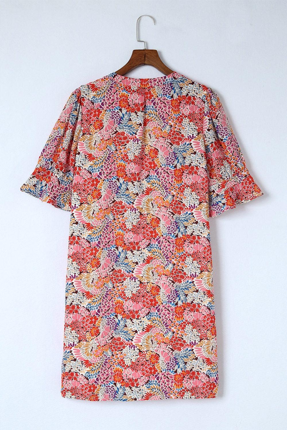 Floral Notched Neck Puff Flounce Sleeve Shift Dress - Dresses