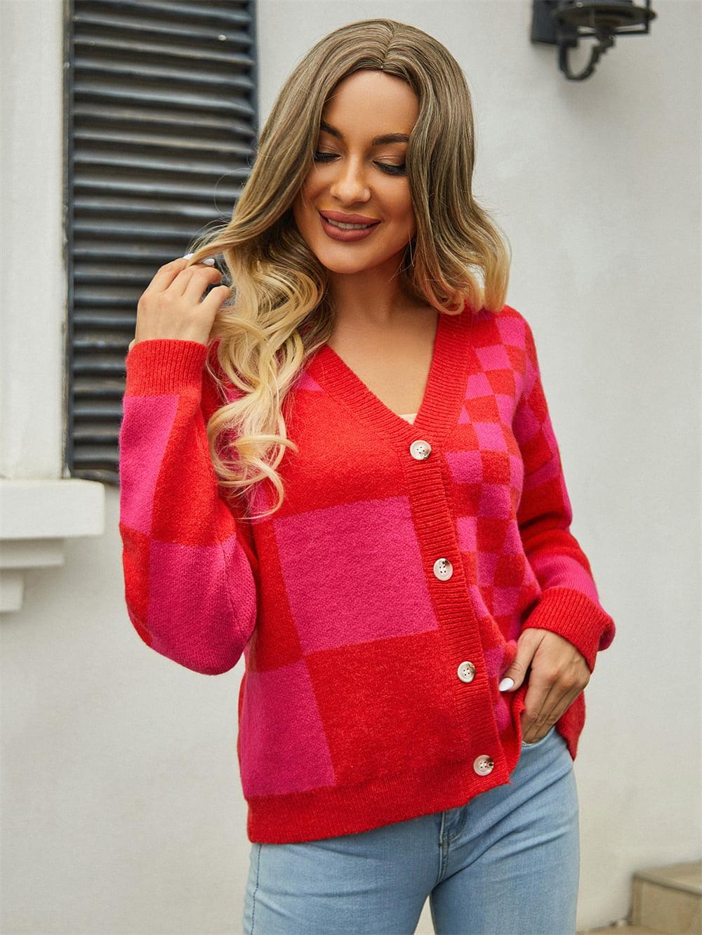 Checkered V-Neck Dropped Shoulder Sweater Cardigan - Cardigan