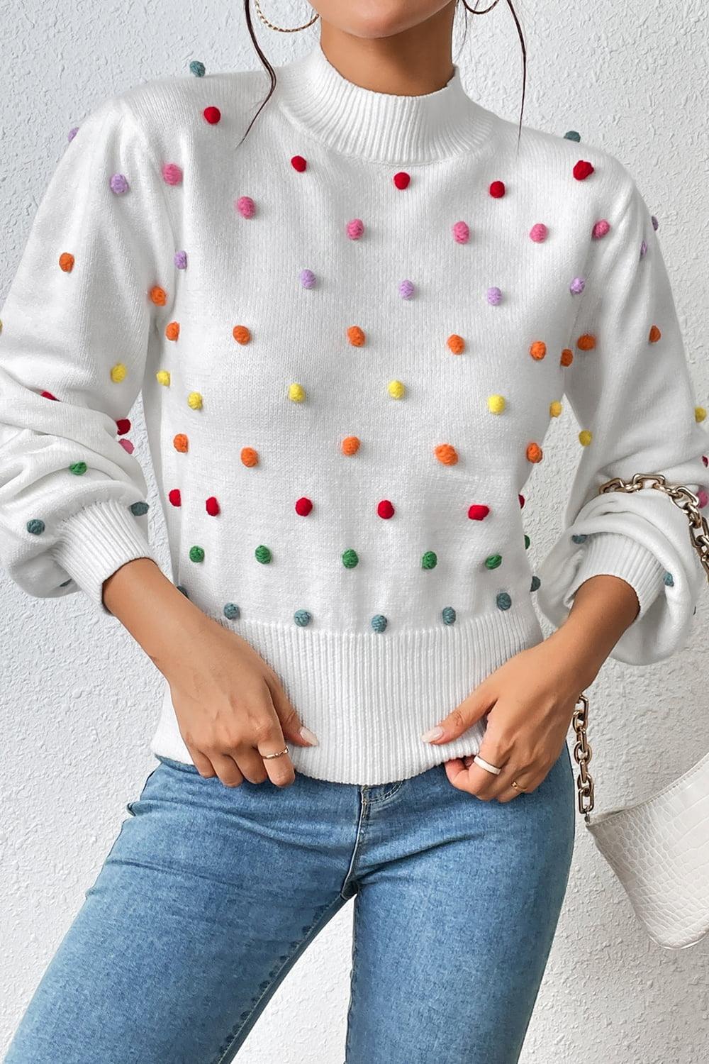 Pom-Pom Trim Mock Neck Long Sleeve Pullover Sweater - Sweater