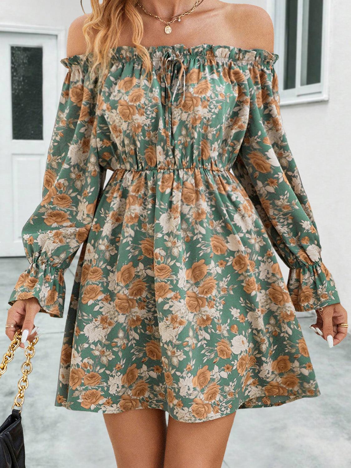 Floral Off-Shoulder Flounce Sleeve Dress - Dresses