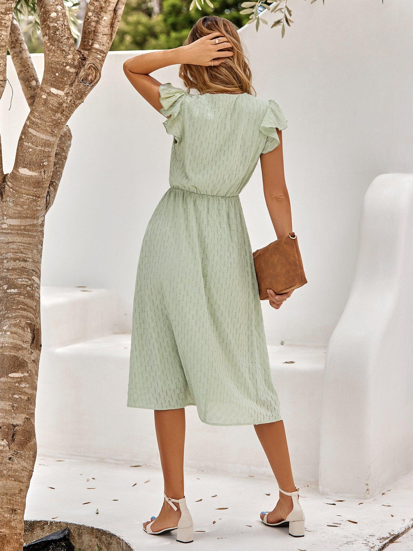 V-Neck Flutter Sleeve Midi Dress - Dresses