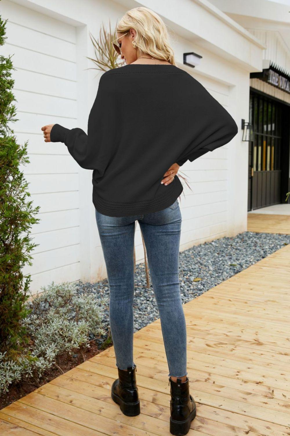 Ribbed Long Dolman Sleeve Plunge V-Neck Sweater - Sweater