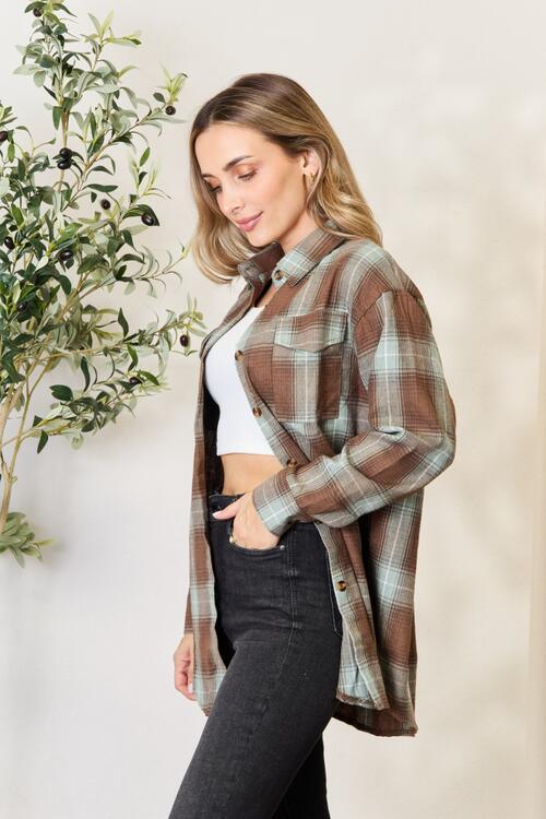 Double Take Plaid Dropped Shoulder Shacket - Jacket