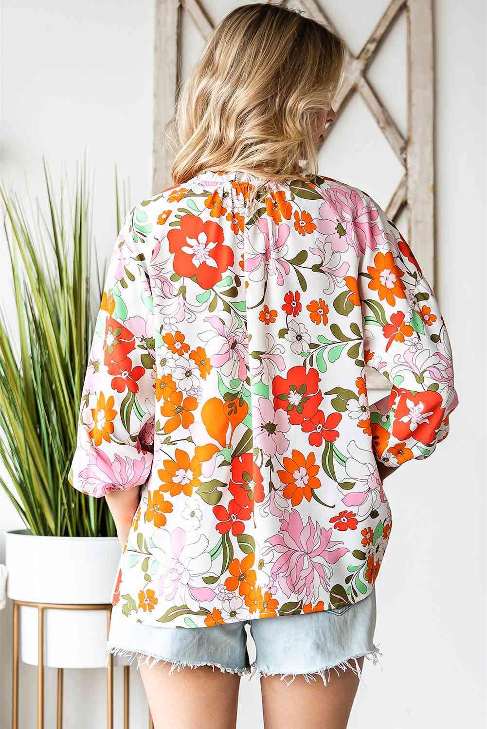 Floral Notched Neck Balloon Sleeve Blouse - Blouse