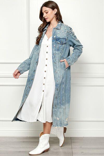 Veveret Distressed Pearl Detail Denim Jacket - Jacket