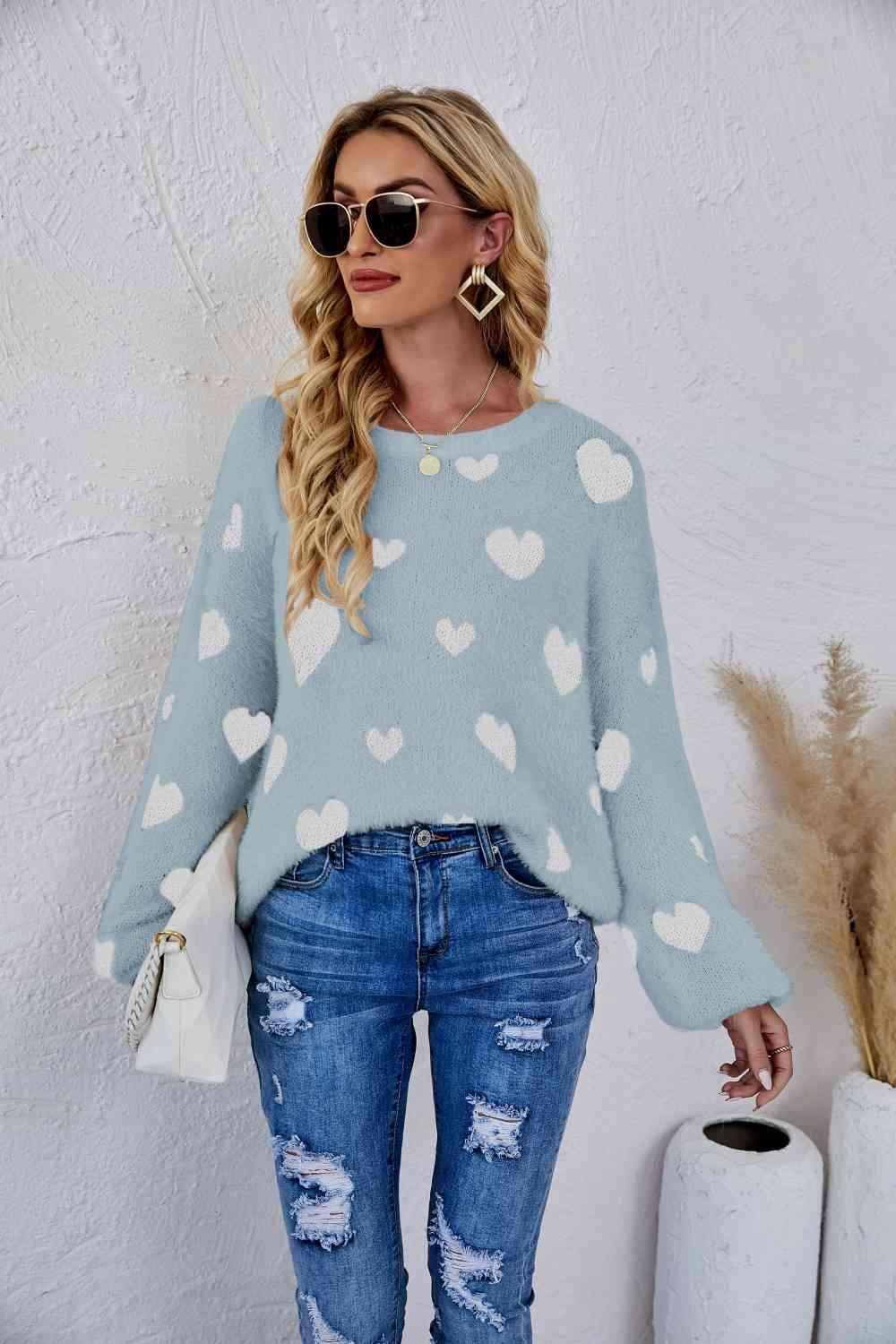 Woven Right Heart Print Fuzzy Sweater - Sweater