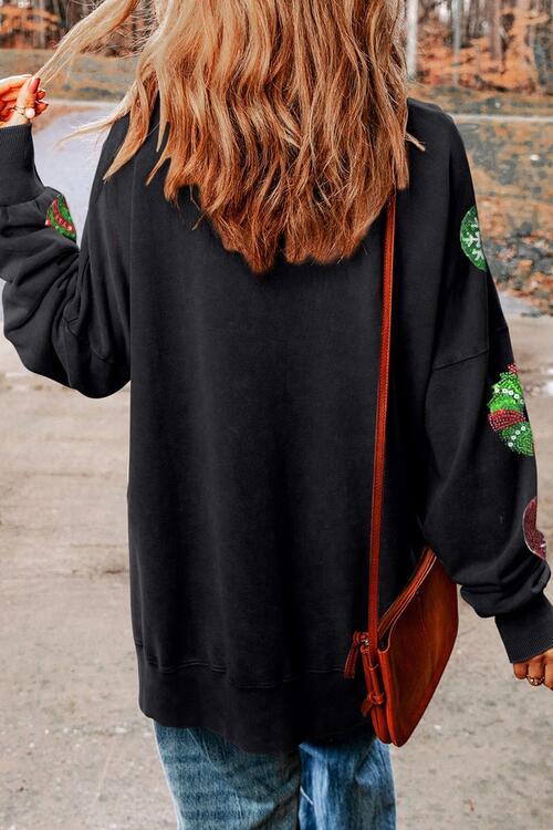 Sequin Christmas Round Neck Slit Sweatshirt - Sweater