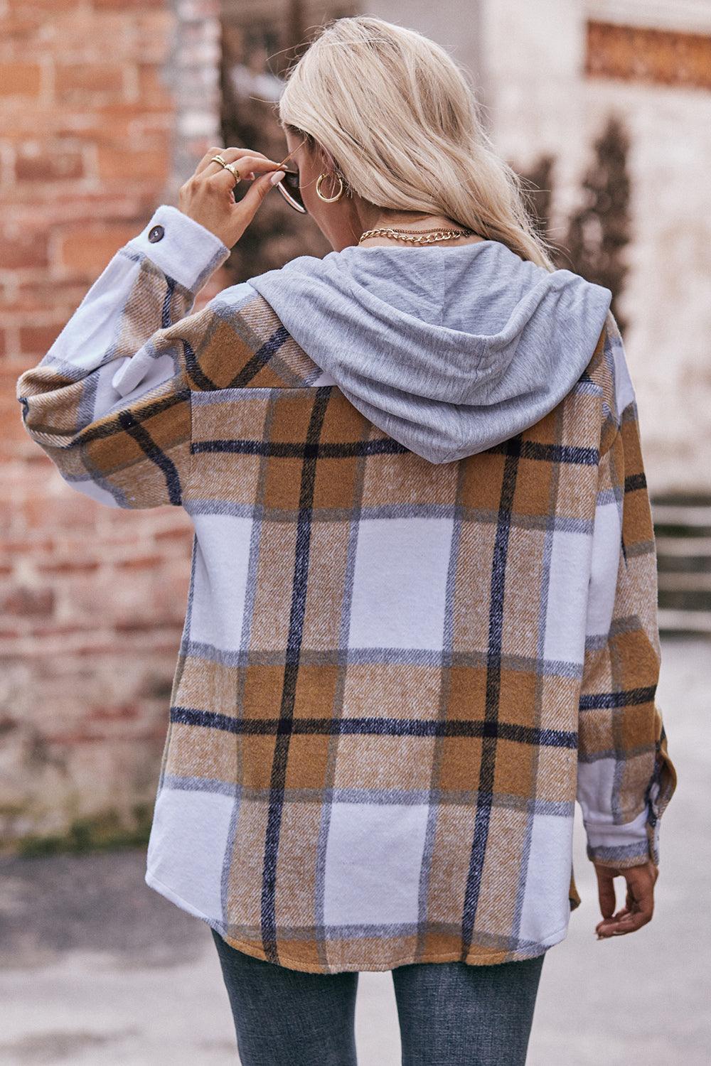 Plaid Dropped Shoulder Hooded Shacket - Jacket