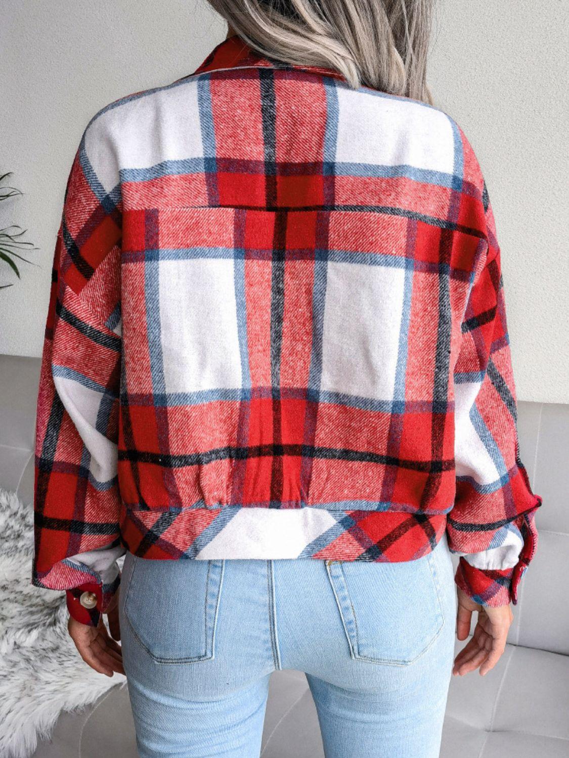 Plaid Collared Neck Cropped Shirt Jacket - Jacket