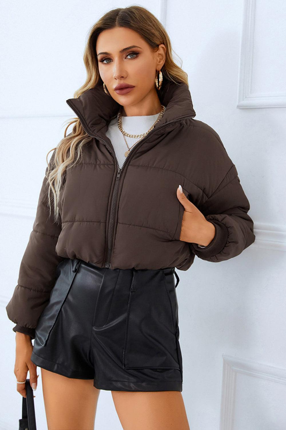Zip-Up Puffer Jacket with Pockets - Jacket