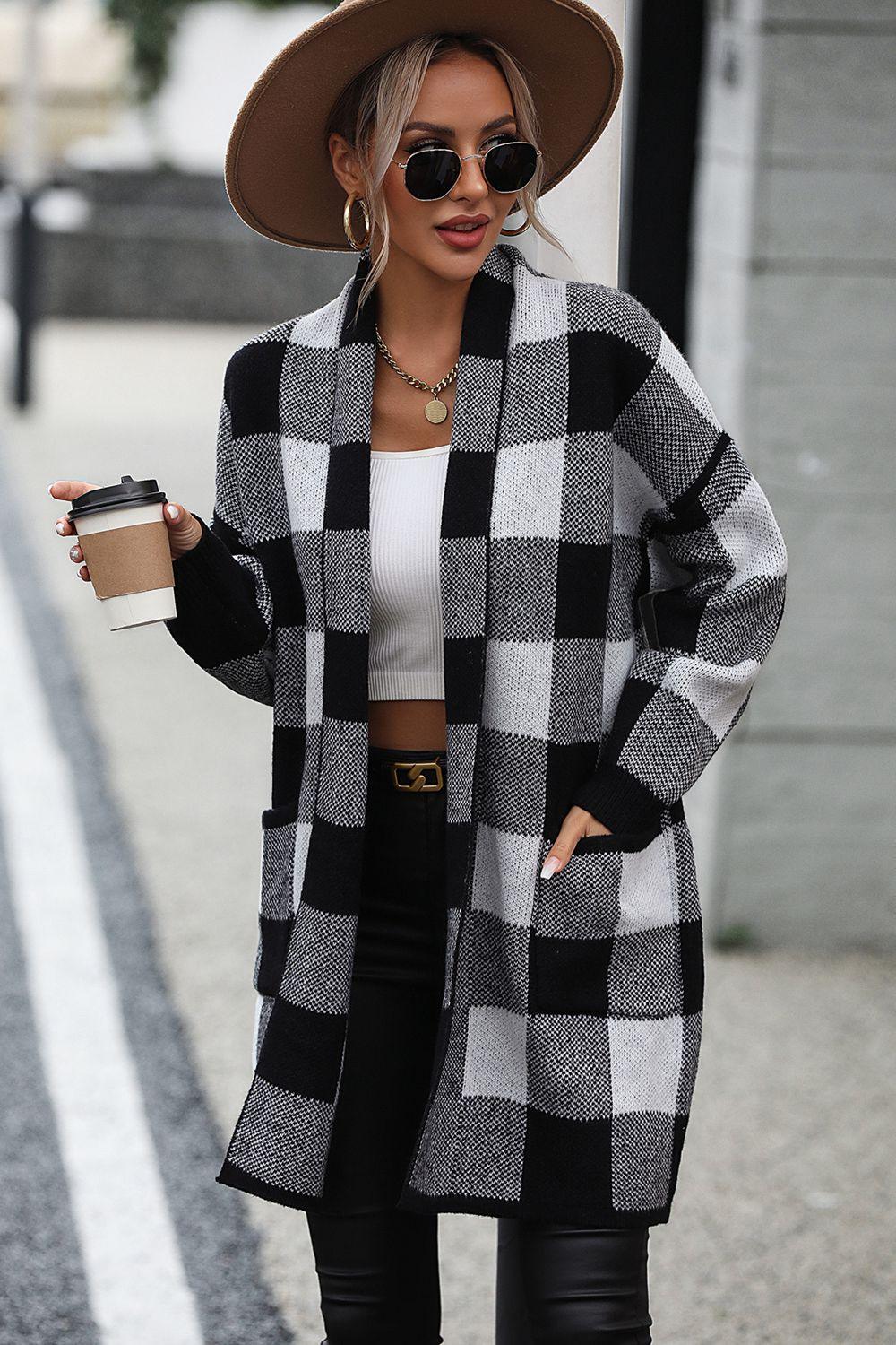 Checkered Open Front Longline Cardigan - Cardigan