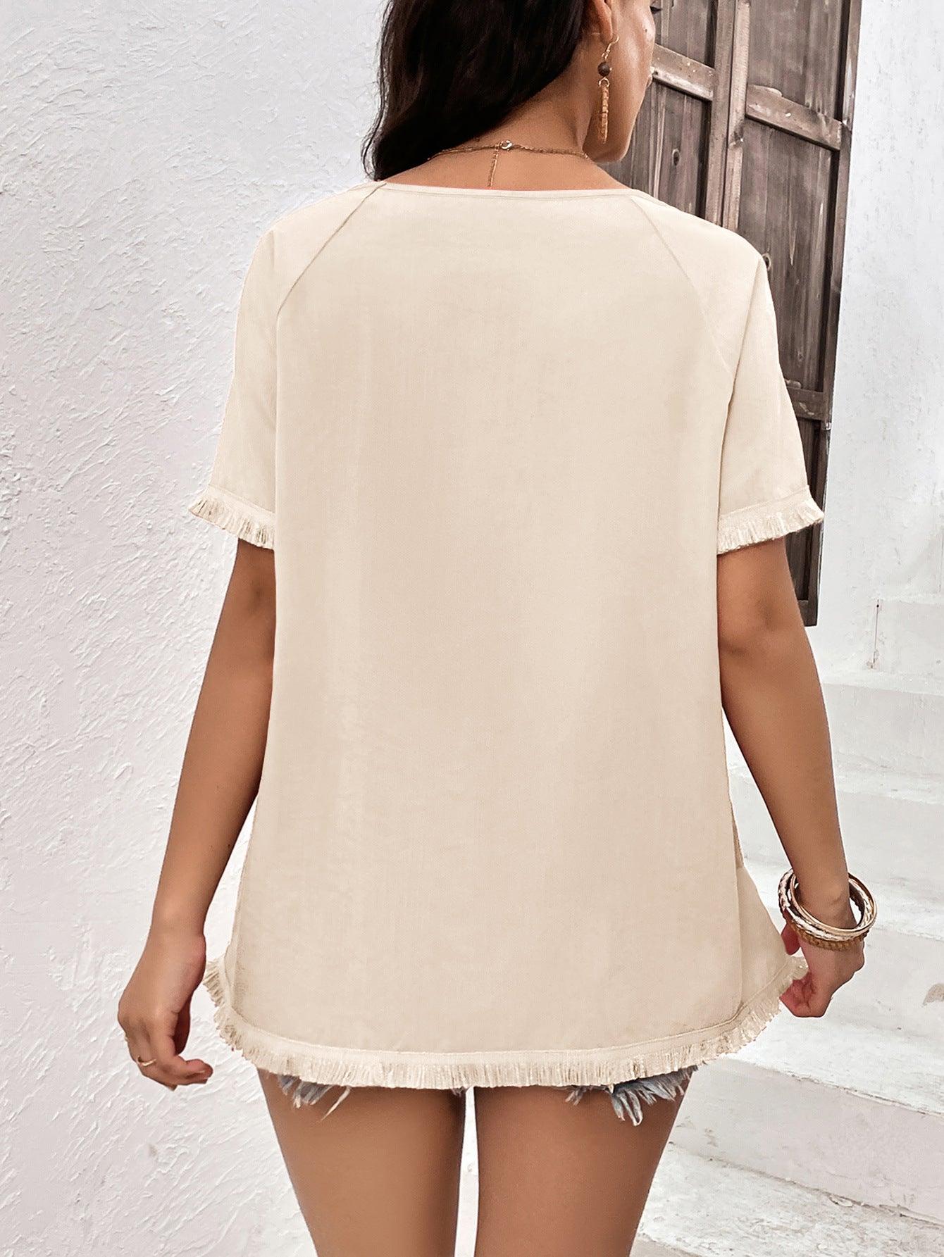 Round Neck Raglan Sleeve Fringe Detail Top - Top