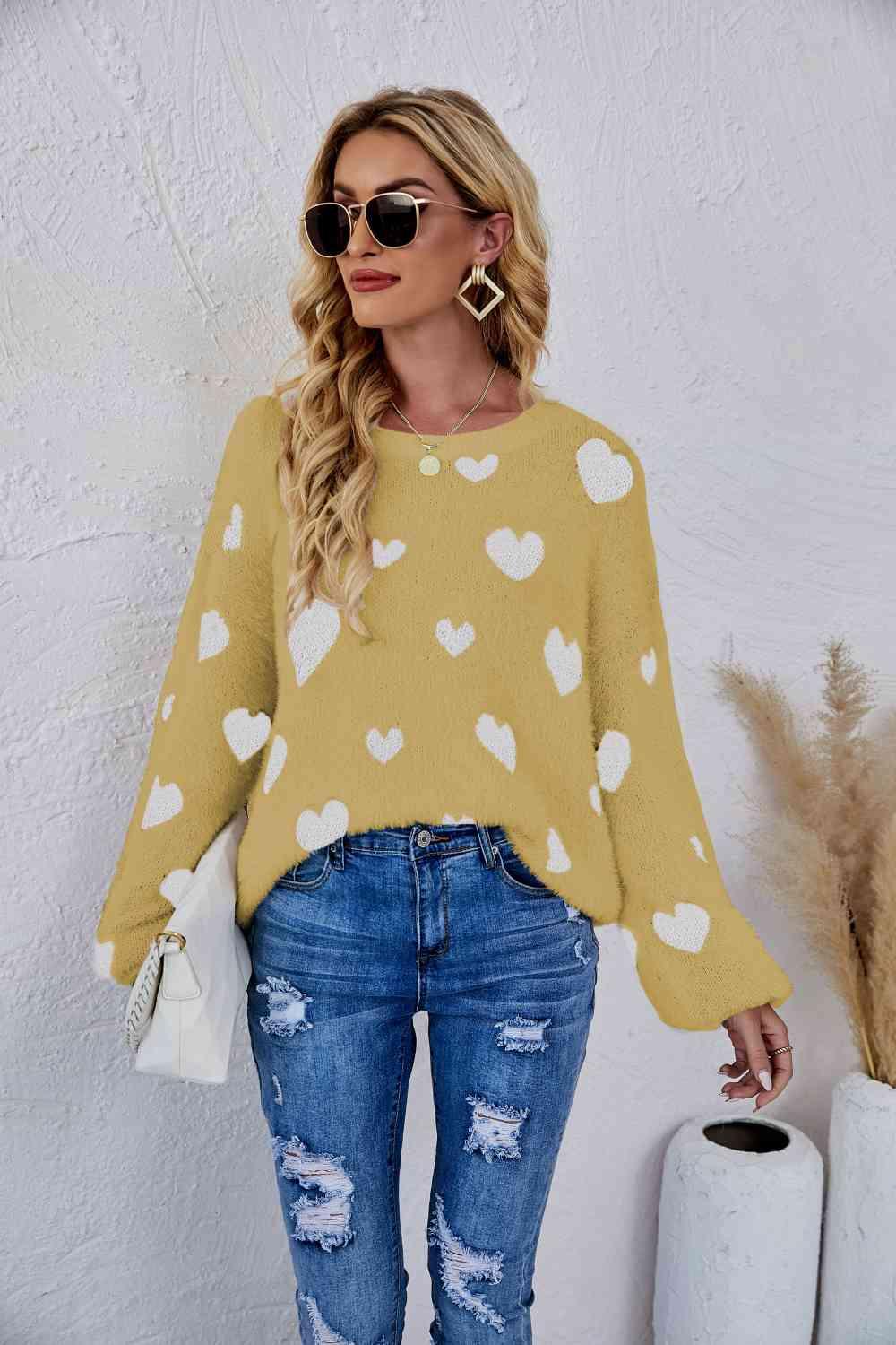 Woven Right Heart Print Fuzzy Sweater - Sweater