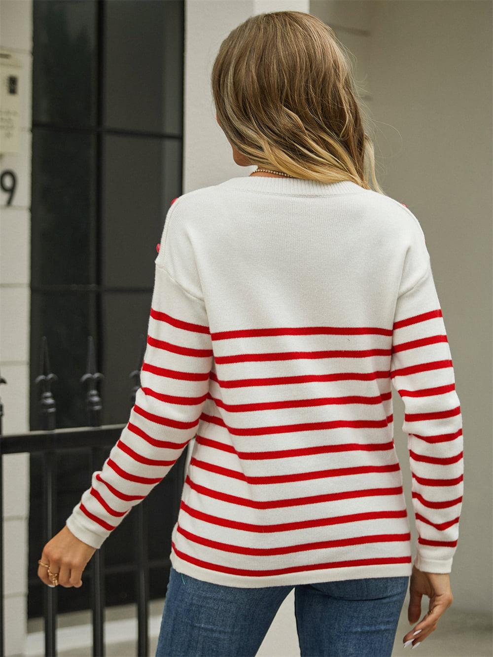 Round Neck Buttoned Shoulder Striped Sweater - Sweater