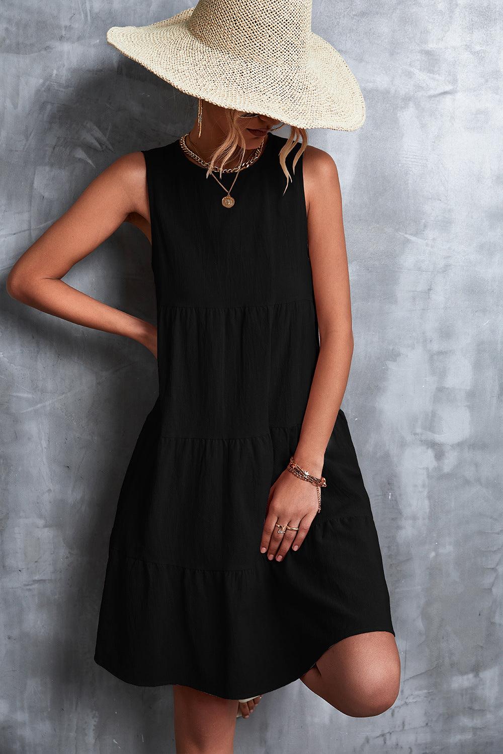 Sleeveless Round Neck Tiered Knee-Length Dress - Dresses