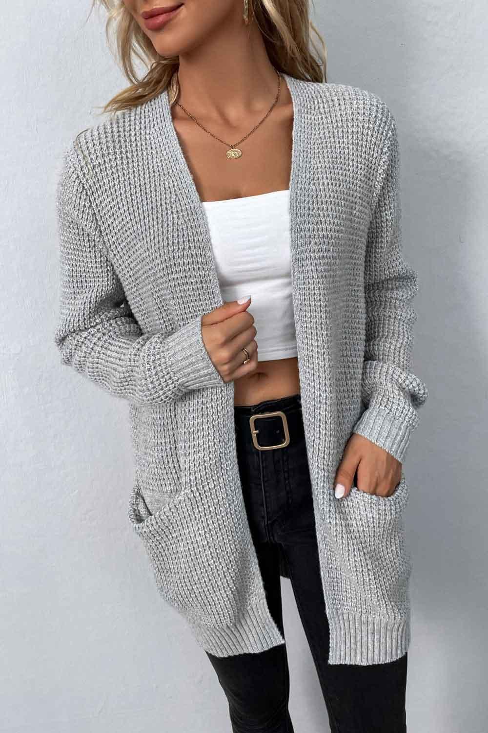 Rib-Knit Open Front Pocketed Cardigan - Cardigan