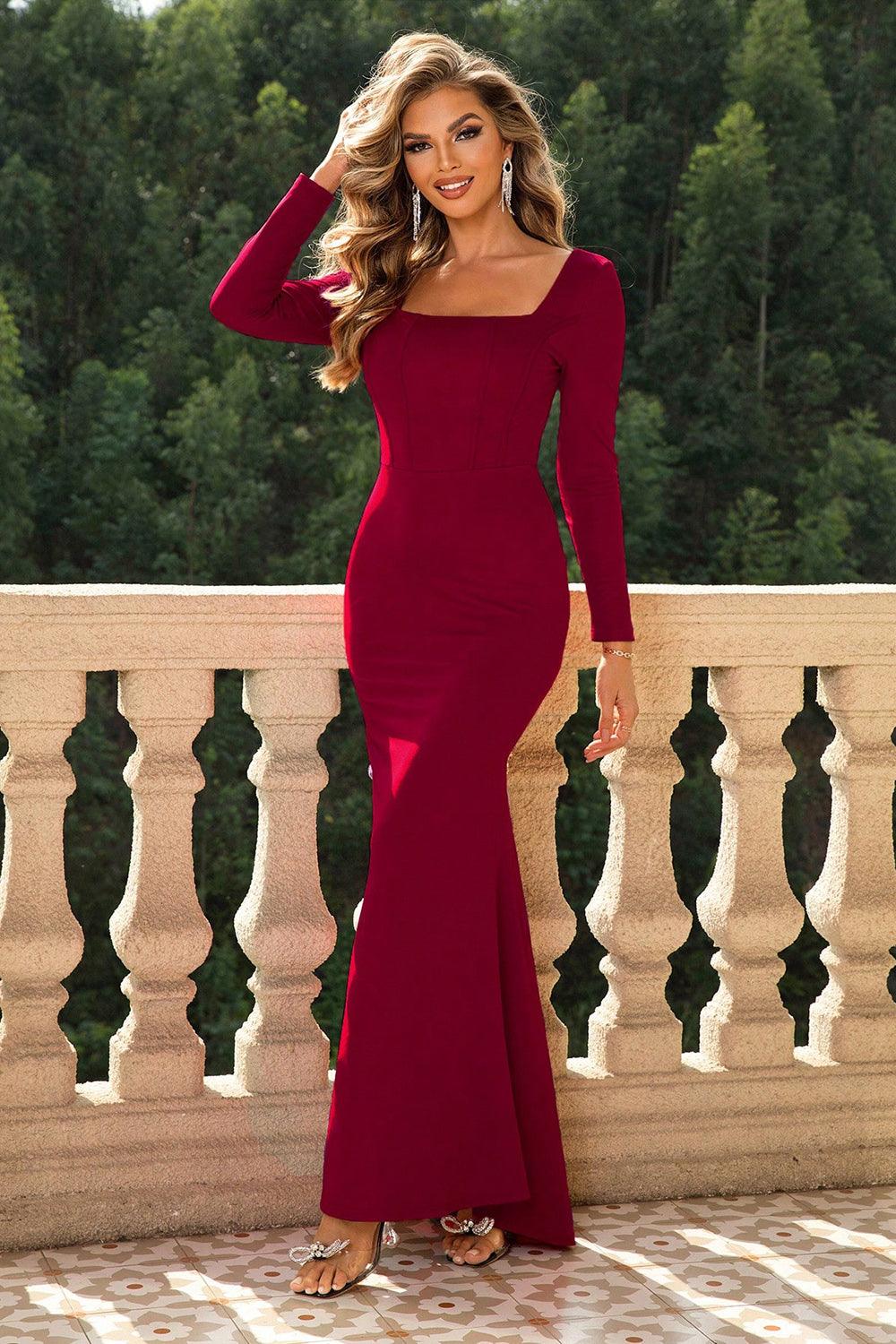 Square Neck Long Sleeve Maxi Dress - Dresses