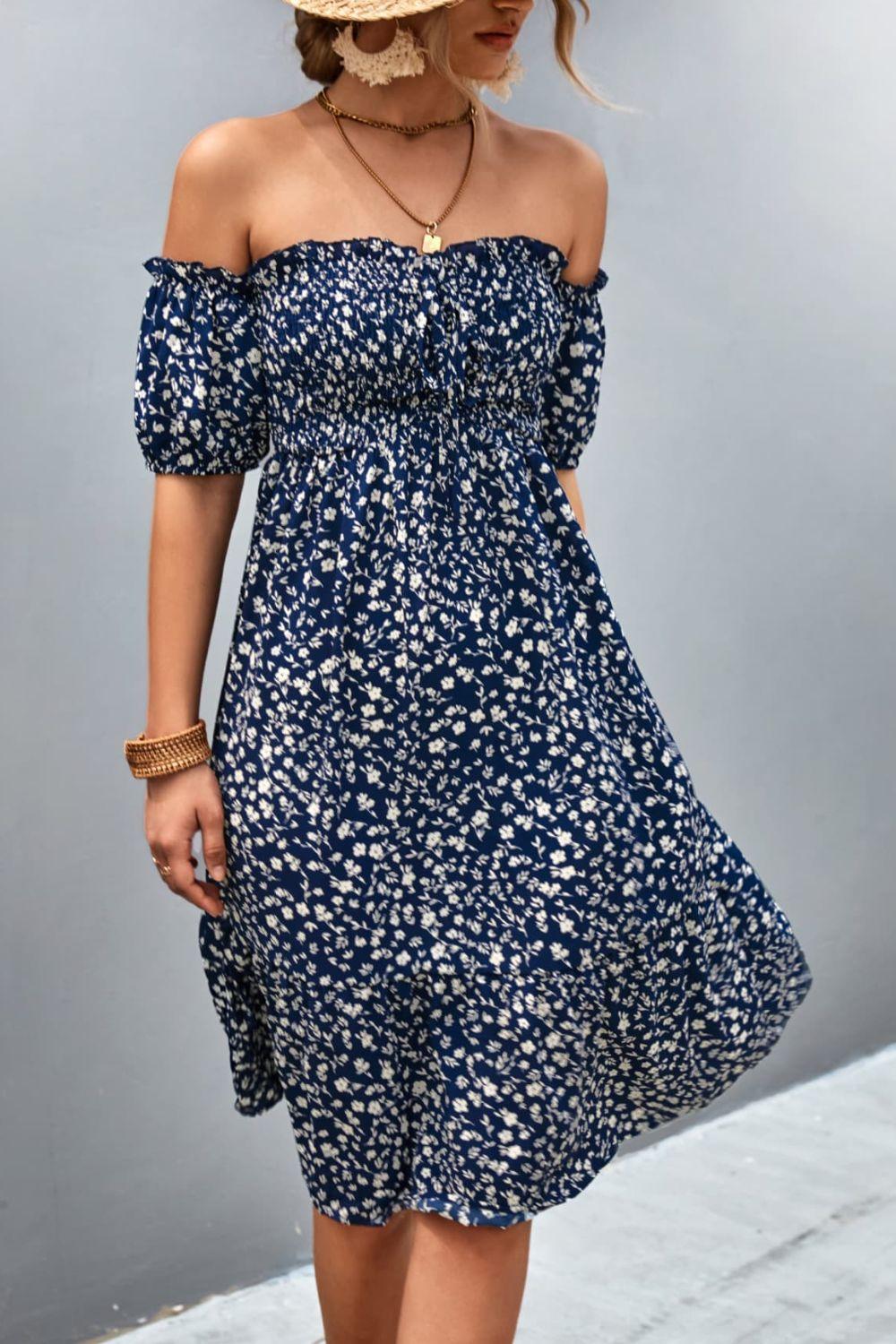 Ditsy Floral Smocked Frill Trim Off-Shoulder Dress - Dresses