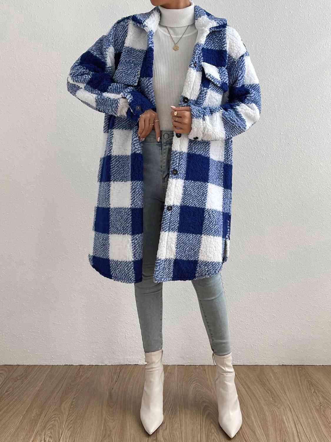 Plaid Button Down Fleece Coat - Coat