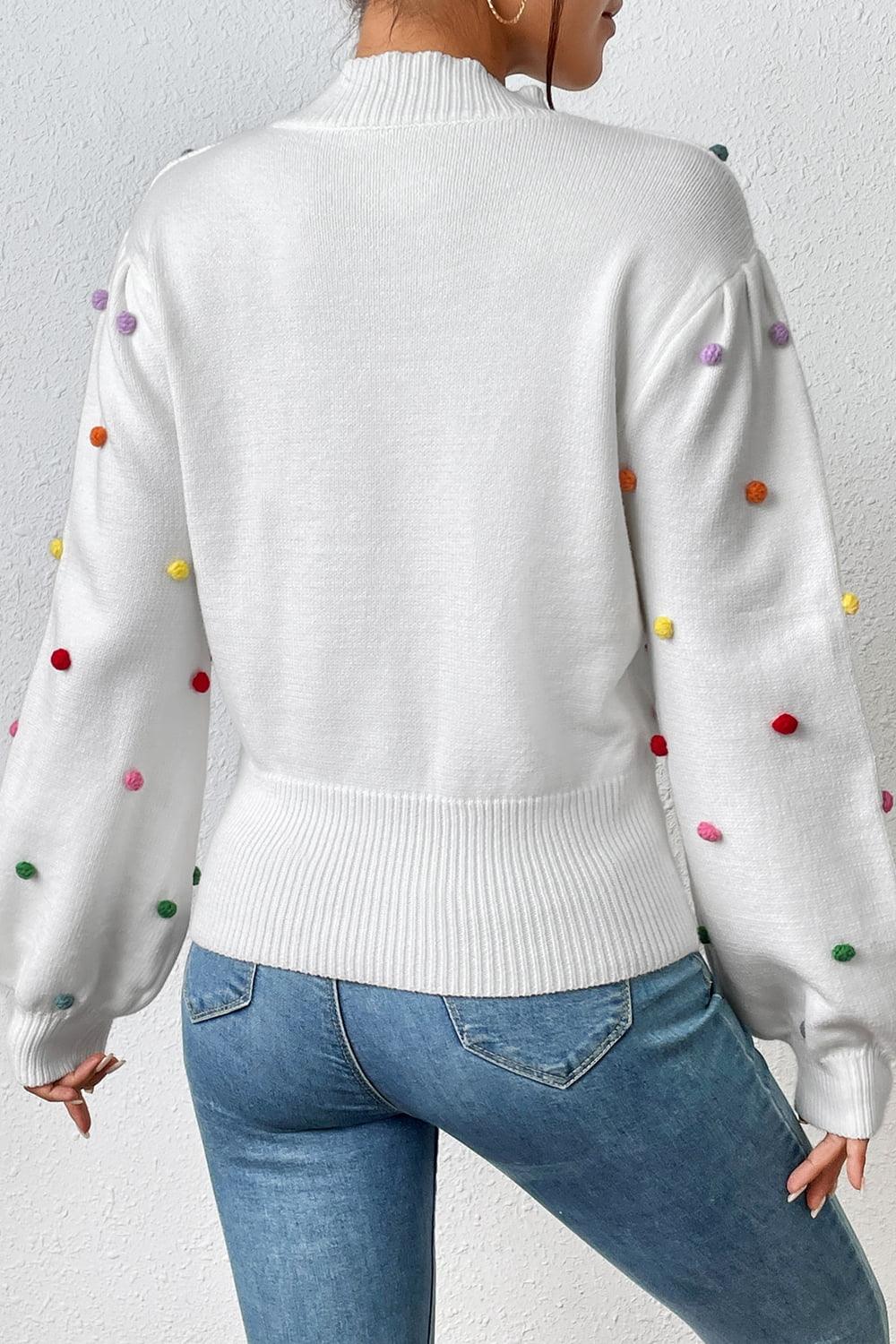 Pom-Pom Trim Mock Neck Long Sleeve Pullover Sweater - Sweater