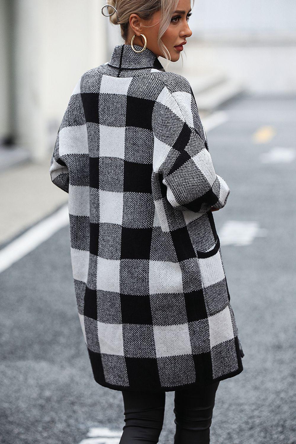 Checkered Open Front Longline Cardigan - Cardigan