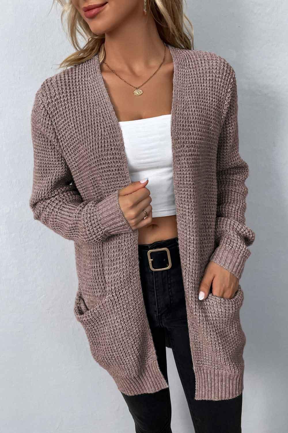 Rib-Knit Open Front Pocketed Cardigan - Cardigan