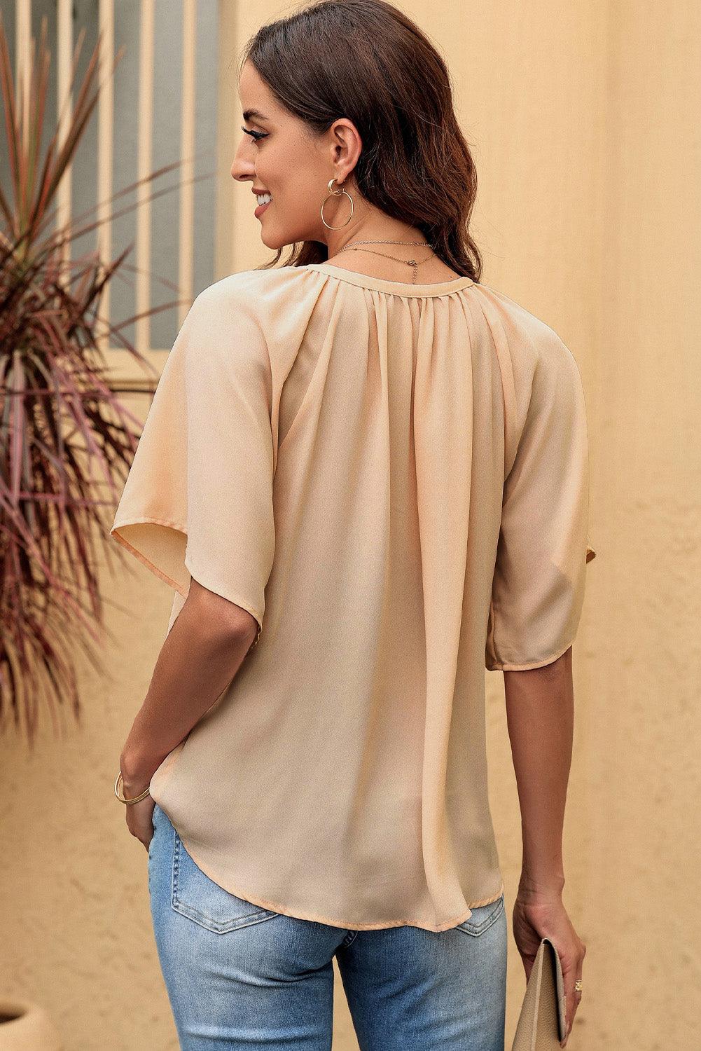 Gathered Detail Notched Neck Flutter Sleeve Blouse - Blouse