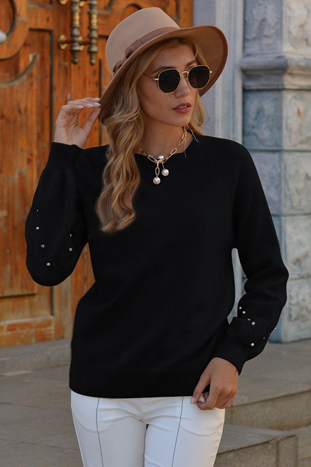 Ribbed Stud Trim Round Neck Sweater - Sweater