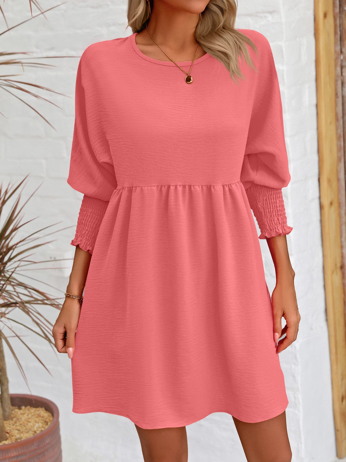 Round Neck Long Lantern Sleeve Mini Dress