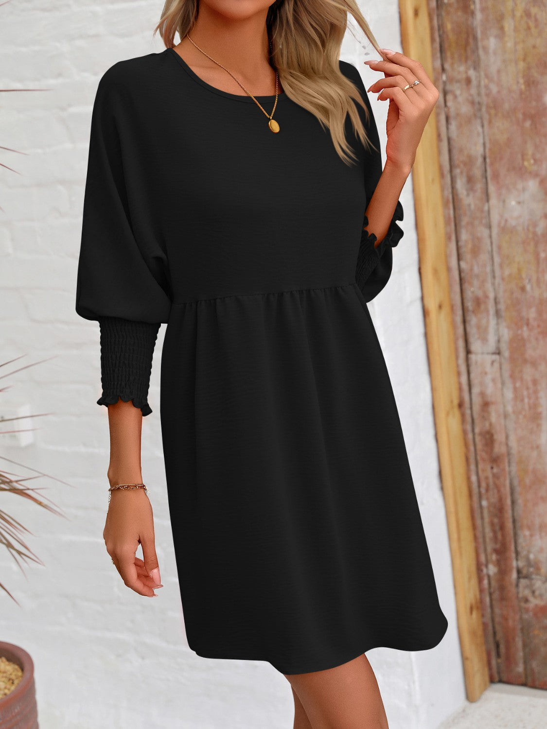 Round Neck Long Lantern Sleeve Mini Dress