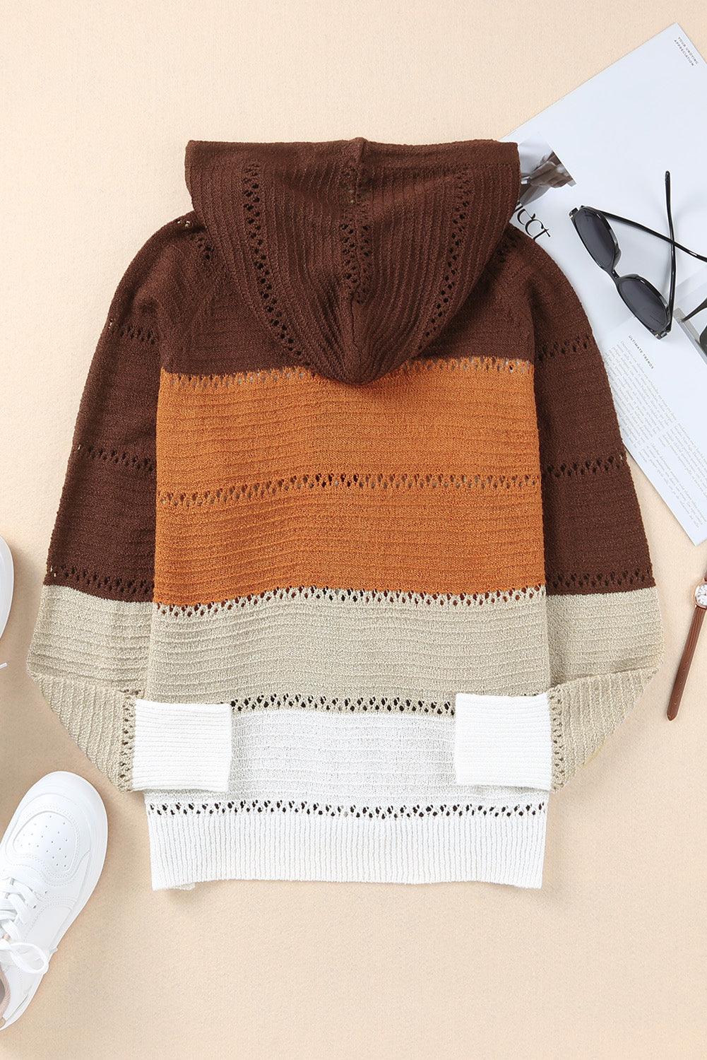 Color Block Zip-Up Openwork Hooded Cardigan - Cardigan