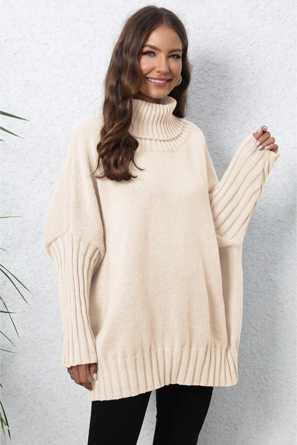 Turtle Neck Long Sleeve Ribbed Sweater - Sweater