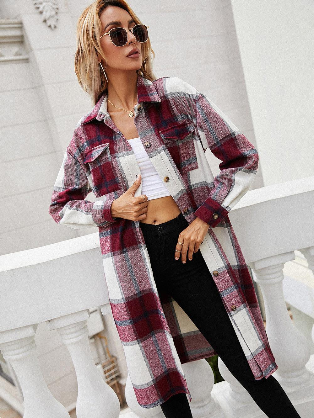 Plaid Longline Shirt Jacket With Pockets - Jacket