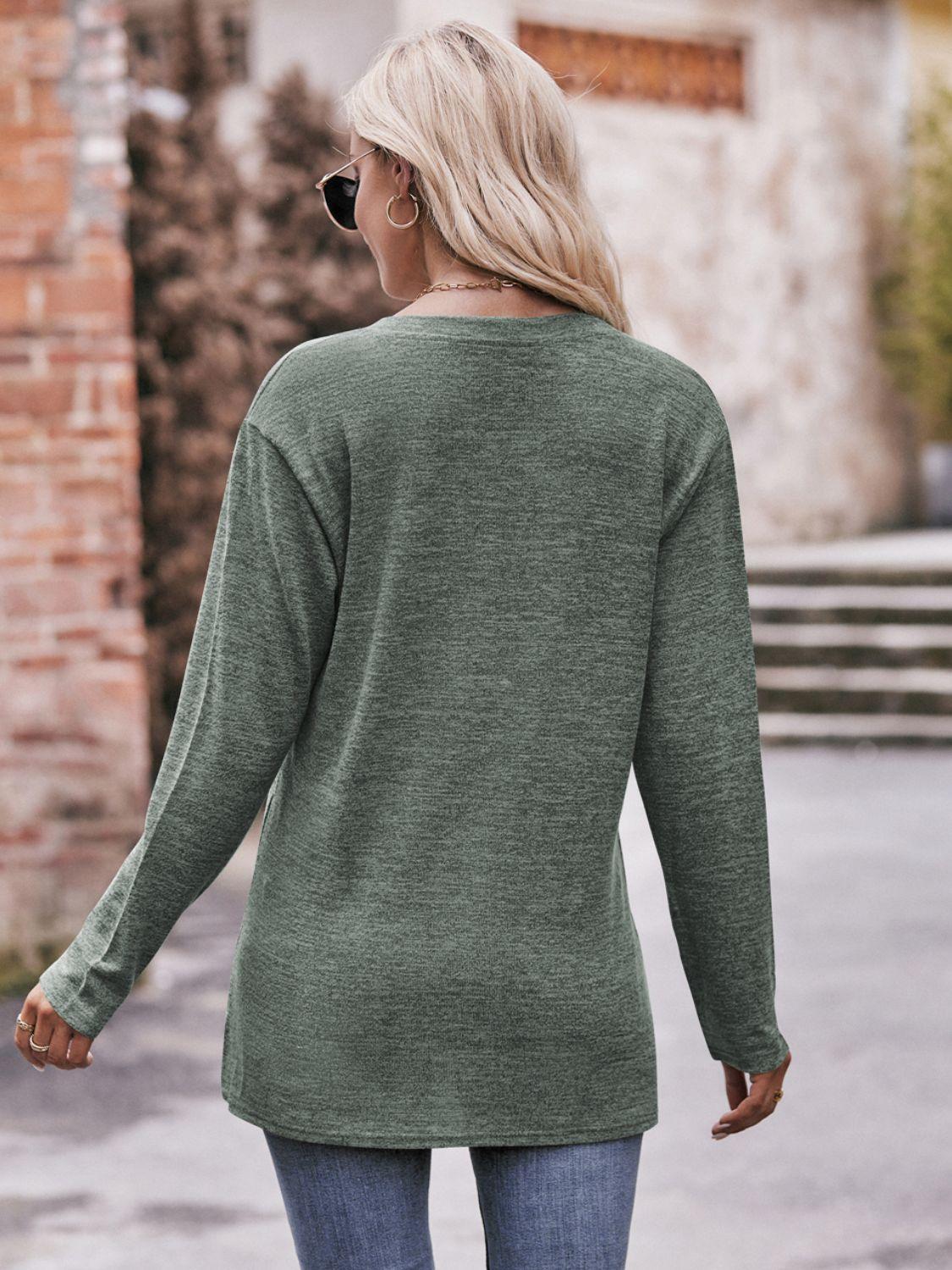 Double Take Buttoned Notched Neck Long Sleeve Top - Top