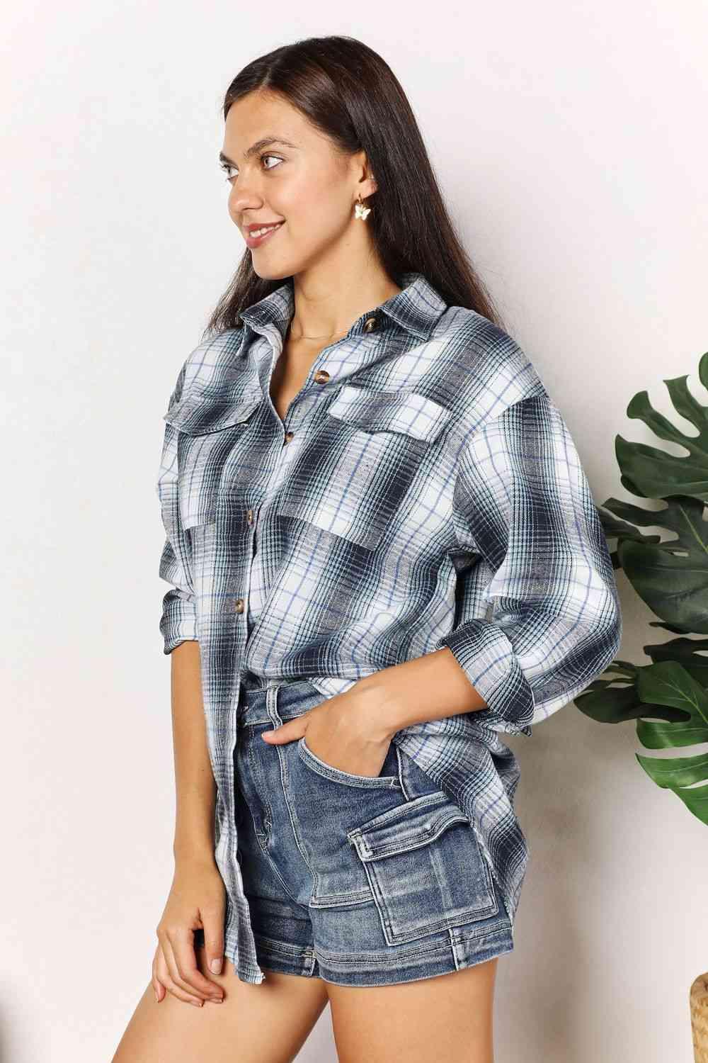 Double Take Plaid Dropped Shoulder Shacket - Shirt