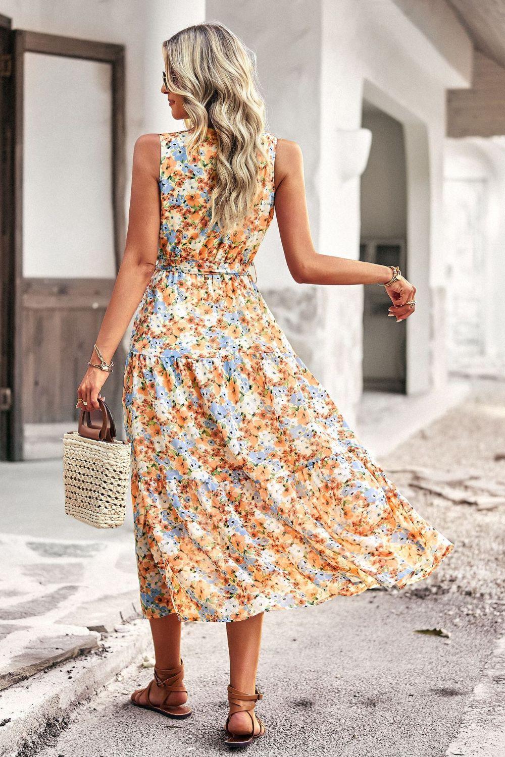 Floral Belted Surplice V-Neck Sleeveless Tiered Midi Dress - Dresses