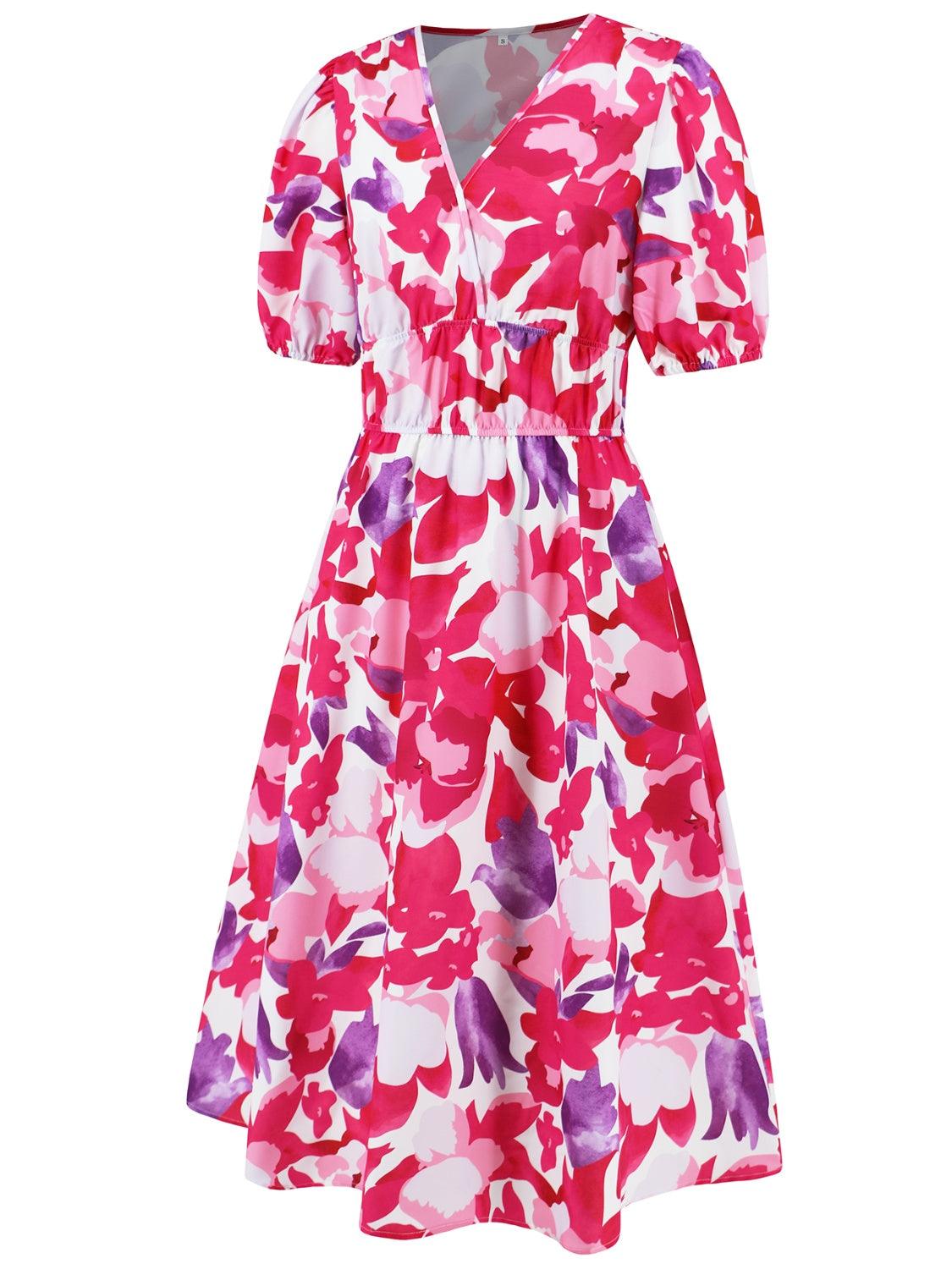 Ruched Floral Surplice Midi Dress - Dresses