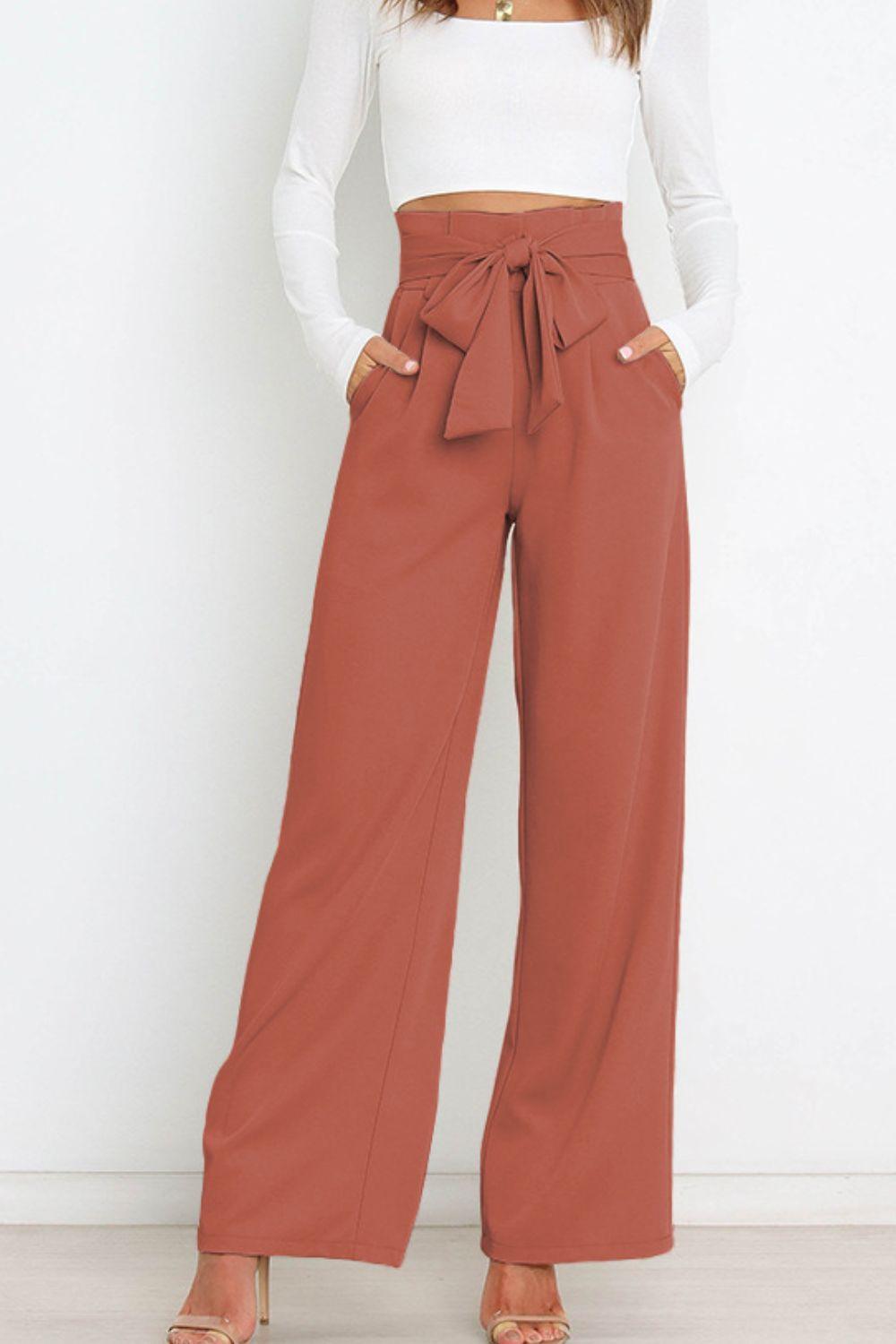 Tie Front Paperbag Wide Leg Pants - Pant