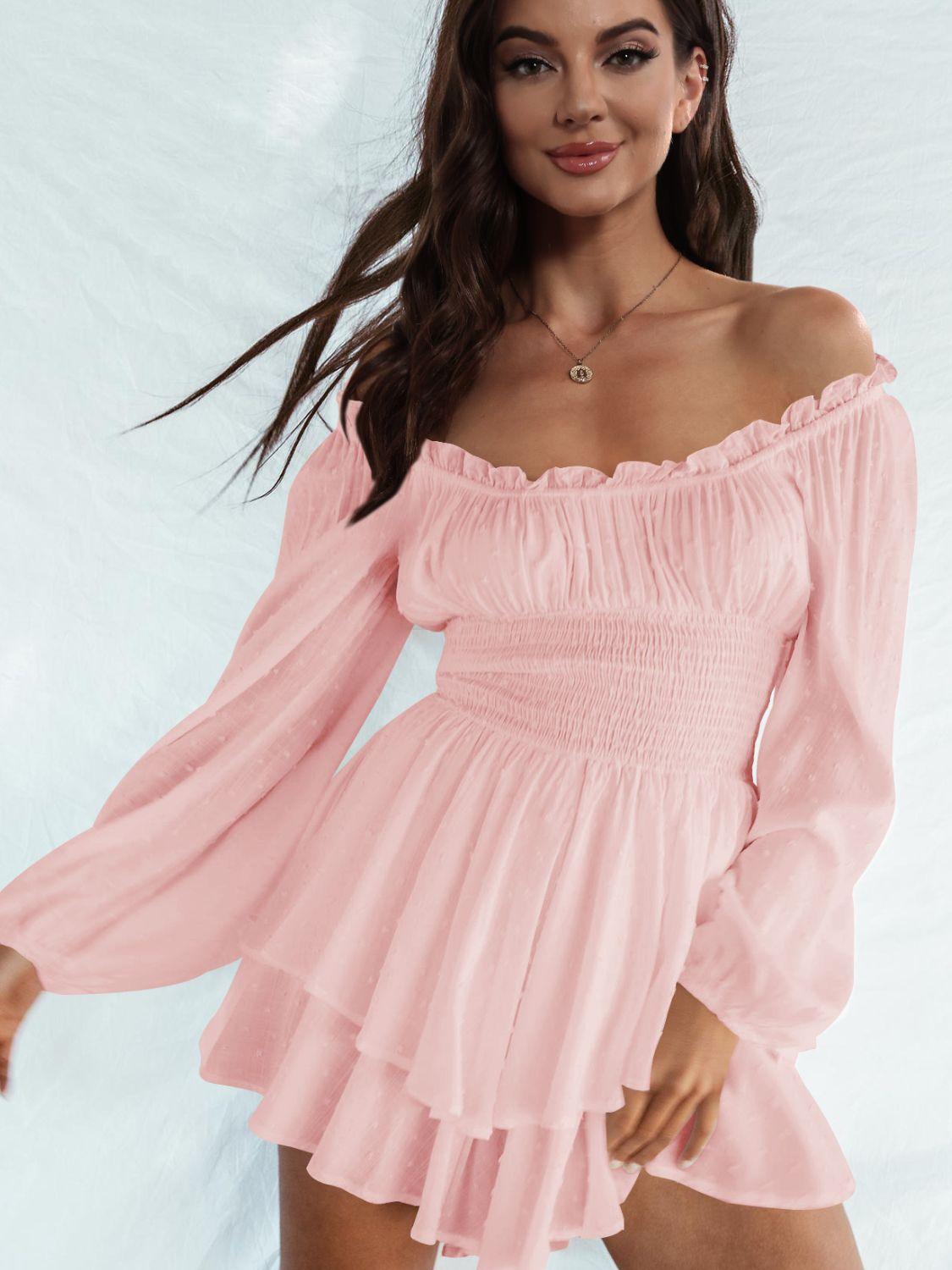 Off Shoulder Smocked Waist Long Sleeve Mini Dress - Dresses