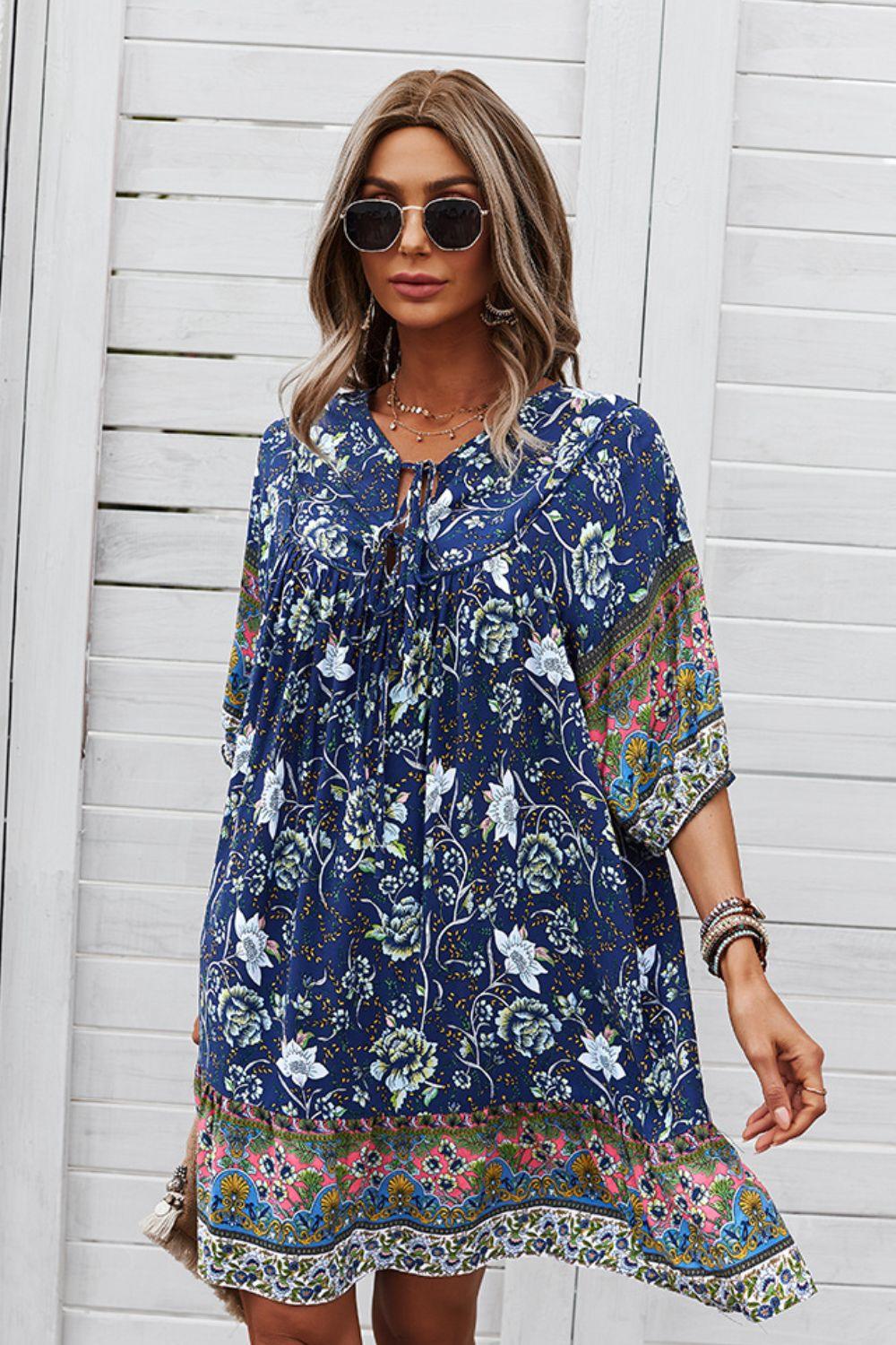 Bohemian Floral Tie Neck 3/4 Sleeve Short Tiered Dress - Dresses