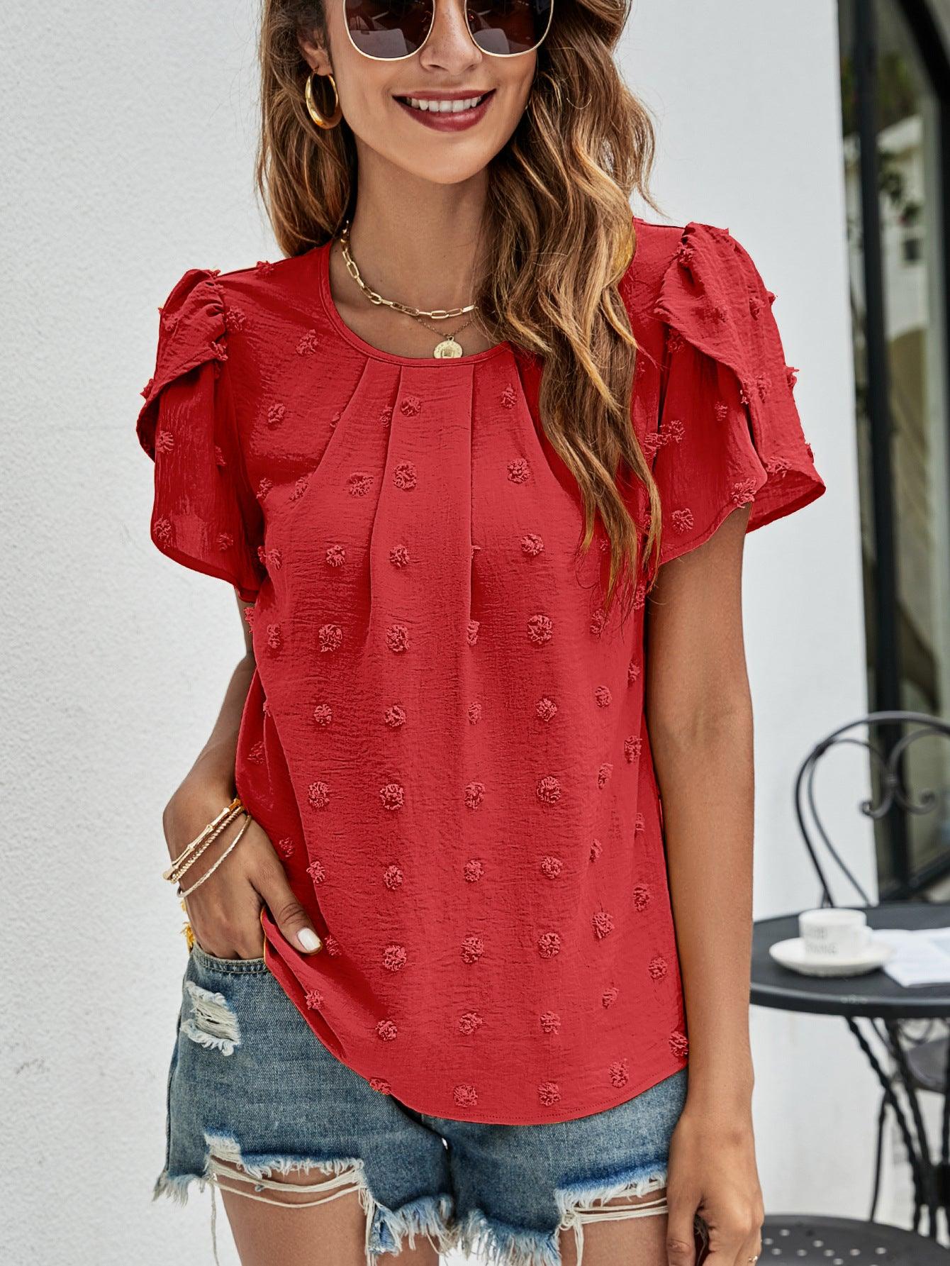 Swiss Dot Round Neck Petal Sleeve Top - Top