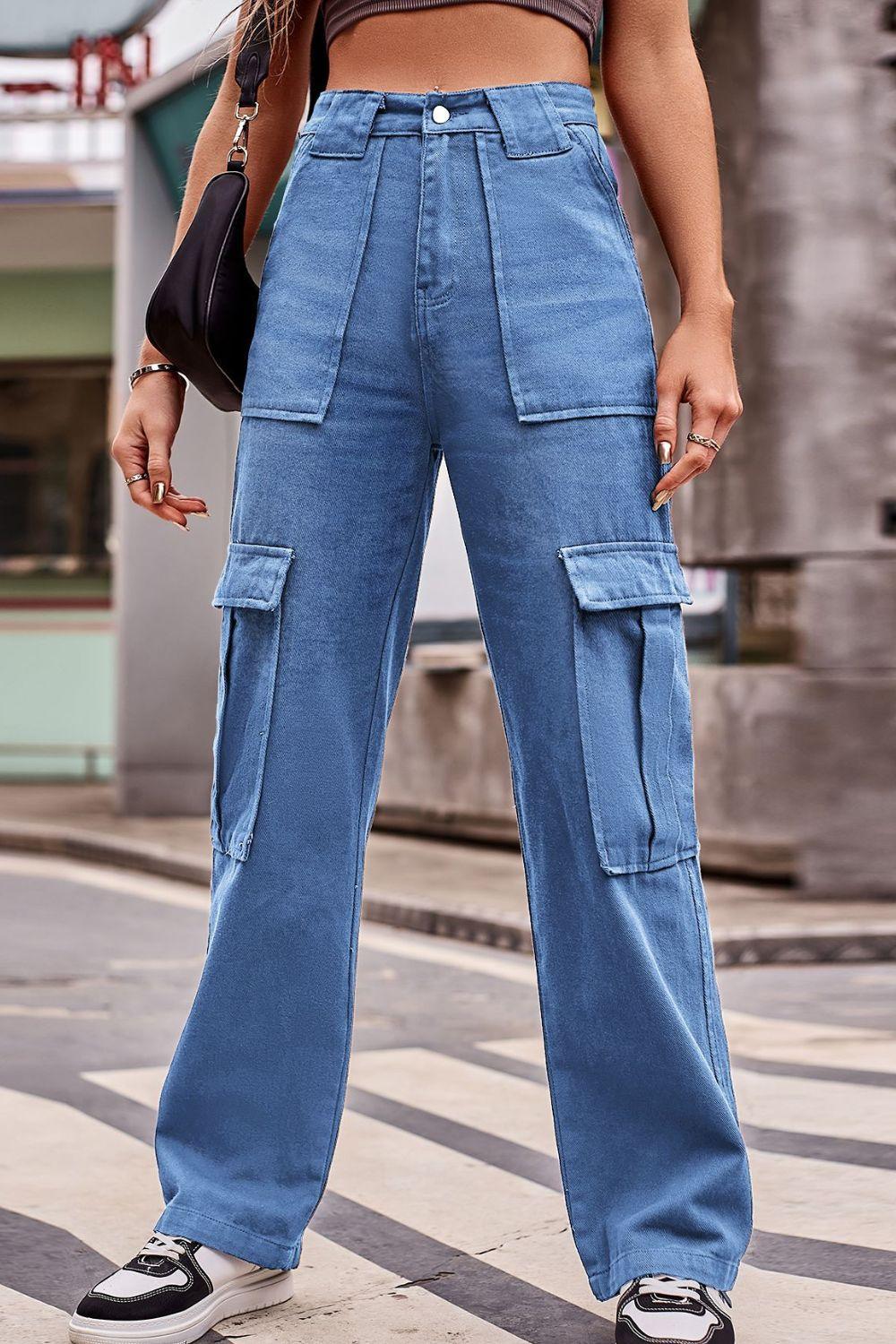 High Waist Loose Fit Straight Leg Cargo Jeans - Jeans