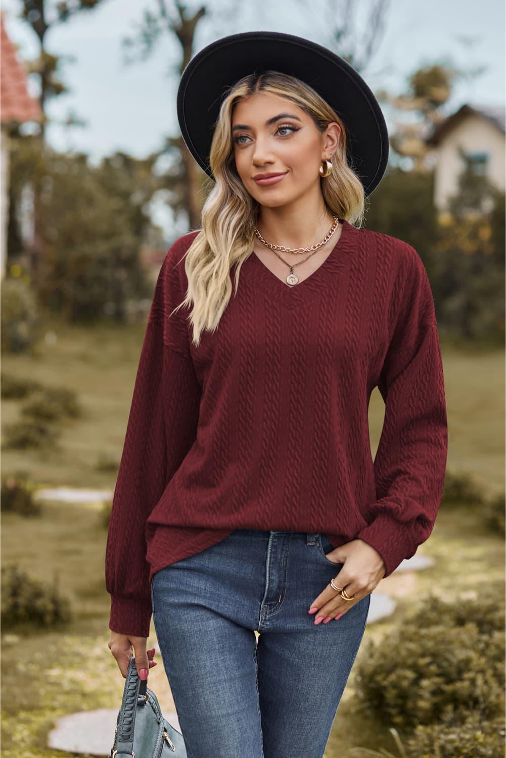 V-Neck Dropped Shoulder Long Sleeves Top - Top