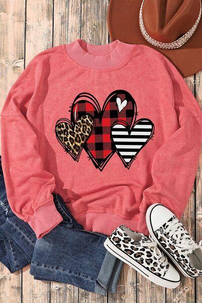 Heart Round Neck Dropped Shoulder Sweatshirt - Sweatshirt