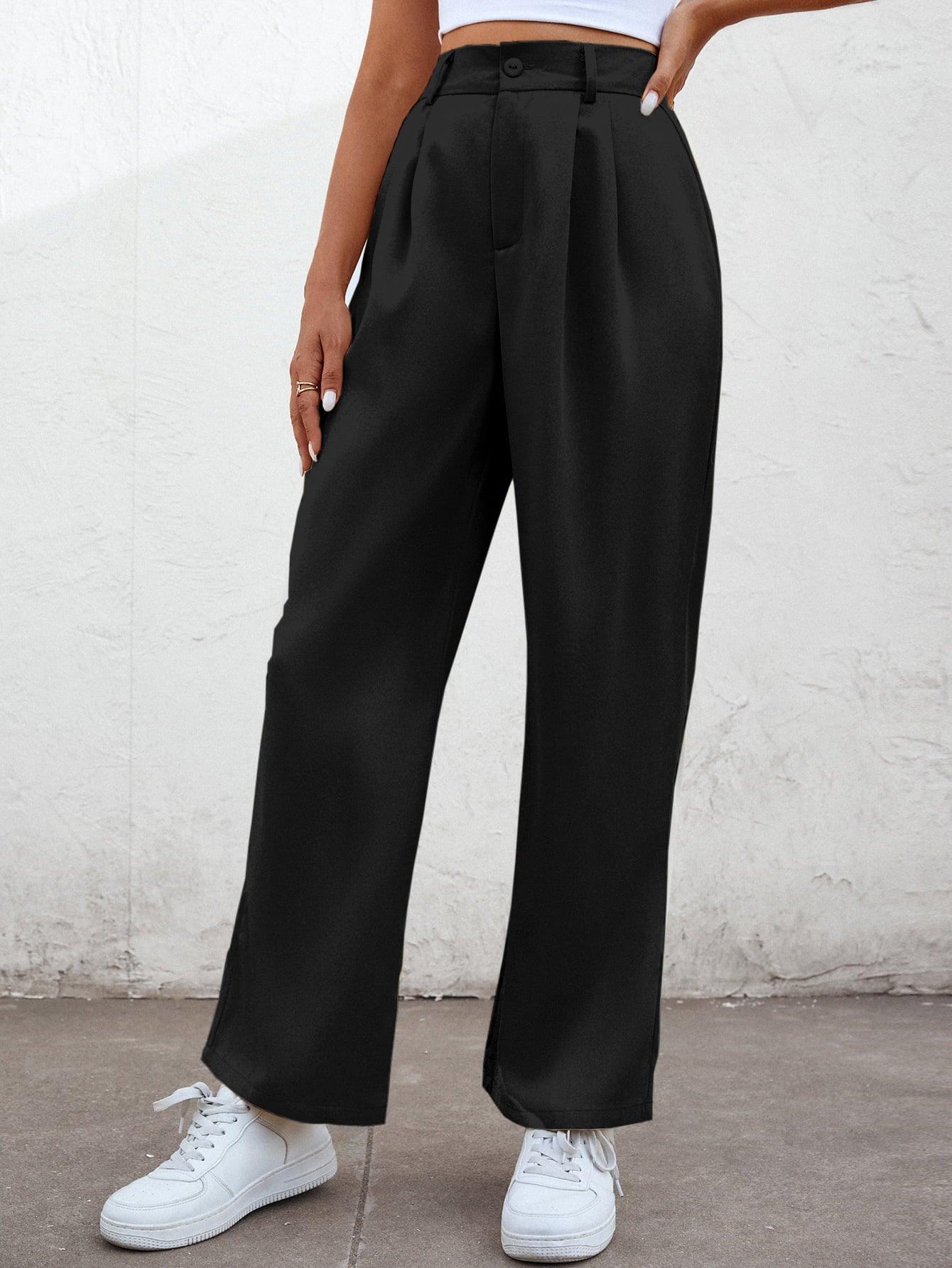 Cropped High Waist Straight Leg Pleated Pants - Pant